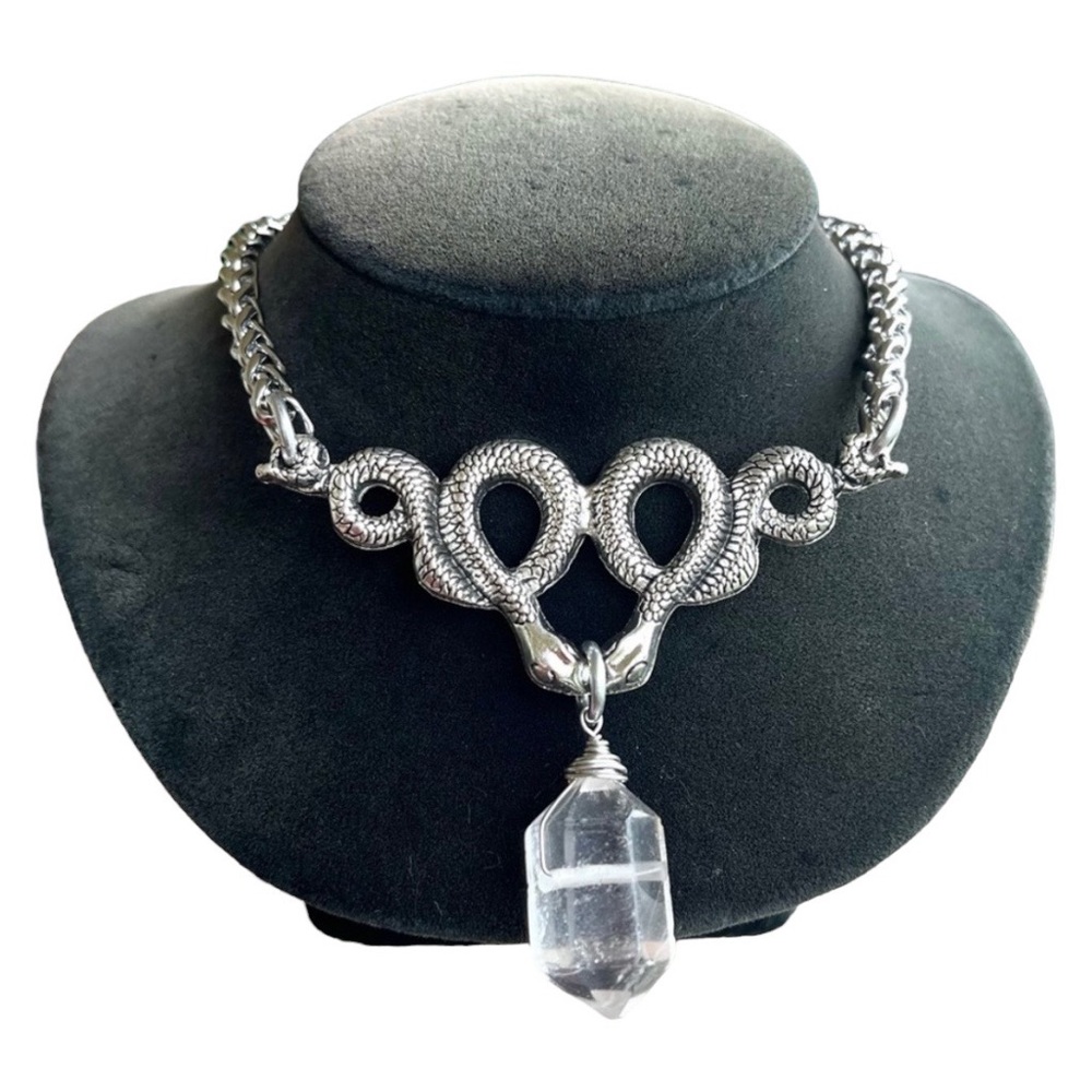 Natural Crystal quartz & snake charm stainless steel chain necklace goth celtic. - Picture 4 of 10
